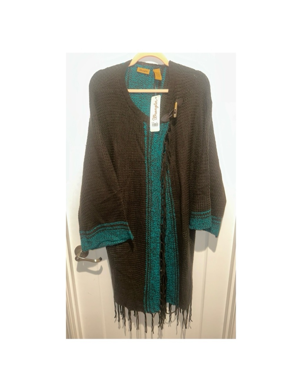 NWT Wrangler XXL Long Cardigan Sweater Brown Teal Fringe Duster